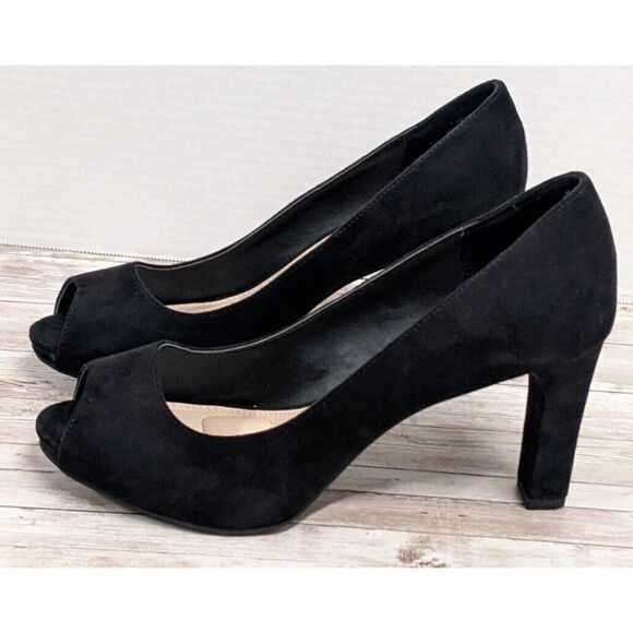 Kelly & Katie Frisisi Womens Size 8.5 Black Slip On Peep Toe Block Pump Heels - Picture 3 of 11